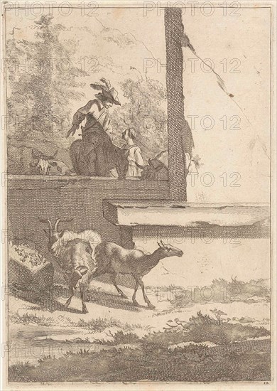 Goats and one rider at a wall, Jan de Visscher, Nicolaes Pietersz. Berchem, 1643 - 1692