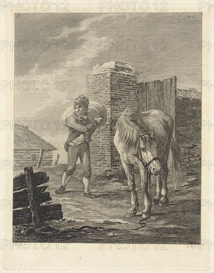 Man with bag on shoulder near unsaddled horse, Joannes Bemme, Jan Anthonie Langendijk Dzn, 1785-1841