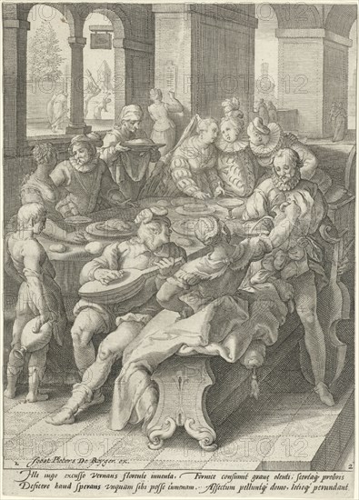 The prodigal son squanders his money on prostitutes, Jacob Matham, Franco Estius, Joost Pieters de Reyger, 1592