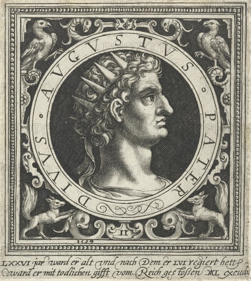 Portrait of Emperor Augustus on medallion, print maker: Nicolaes de Bruyn, Nicolaes de Bruyn, Assuerus van Londerseel, 1594