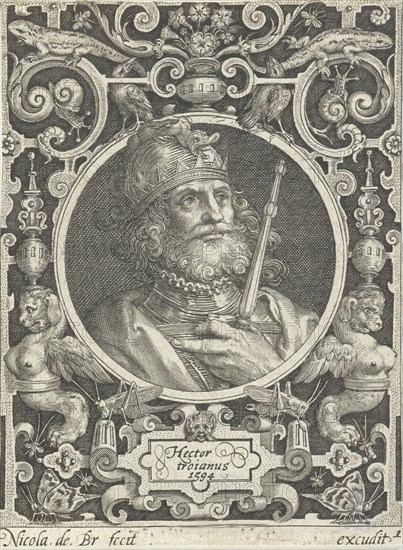 Portrait of Hector of Troy in medallion inside rectangular frame with ornaments, print maker: Nicolaes de Bruyn, Anonymous, 1594