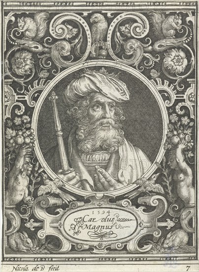 Portrait of Charlemagne in medallion inside rectangular frame with ornaments, Nicolaes de Bruyn, 1594