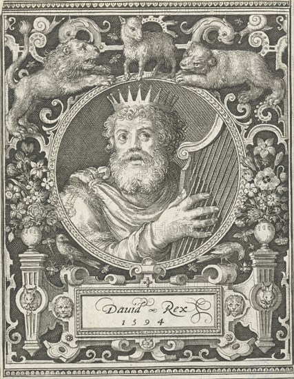 Portrait of King David, medallion inside rectangular frame with ornaments, print maker: Nicolaes de Bruyn, 1594