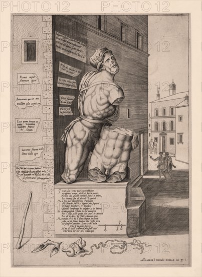 The statue Pasquino, standing on a pedestal in the Piazza di Pasquino in Rome, Italy, Antonio Lafreri, 1522-1577