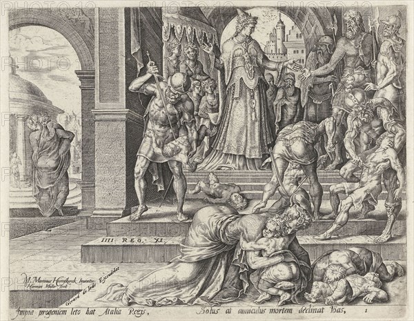 Queen Athaliah orders the king's children to be killed, Harmen Jansz Muller, Hadrianus Junius, Gerard de Jode, 1565 - 1569