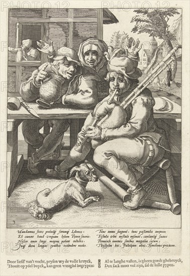 The bagpipe gives no sound, only when full, print maker: Hendrick Goltzius attributed to workshop of, Karel van Mander I, Franco Estius, 1590 - 1594