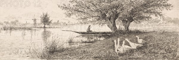 River Landscape with a man in a boat and geese on the bank, Elias Stark, 1887