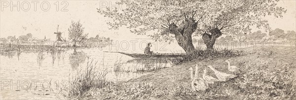 River Landscape with a man in a boat and geese on the bank, Elias Stark, 1887