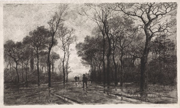 Three people on a road lined with trees, Elias Stark, 1887