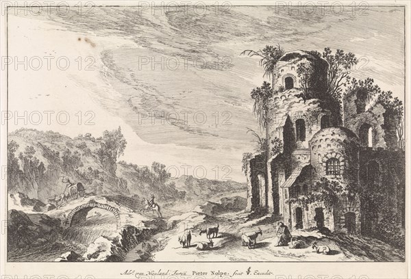 Landscape with a bridge and a ruin, print maker: Pieter Nolpe, Adriaen van Nieulandt I, Claes Jansz. Visscher II, 1623 - 1653