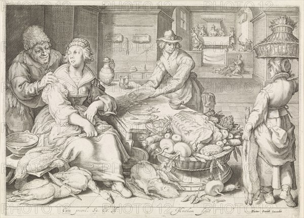 Kitchen piece with parable of the rich man and Lazarus, Jacob Matham, Pieter Smith, Imperial court, 1603