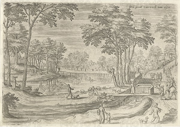 View of the canal of Ixelles, Elsene, Belgium, Hans Collaert (I), Hans Bol, Claes Jansz. Visscher (II), 1530 - 1580