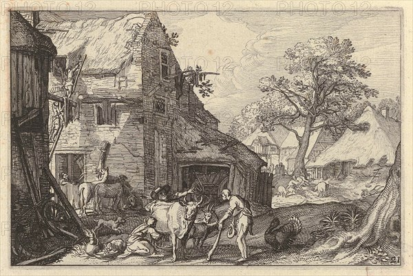 Farmyard with people and livestock, Claes Jansz. Visscher (II), Abraham Bloemaert, Jan Saenredam, 1620