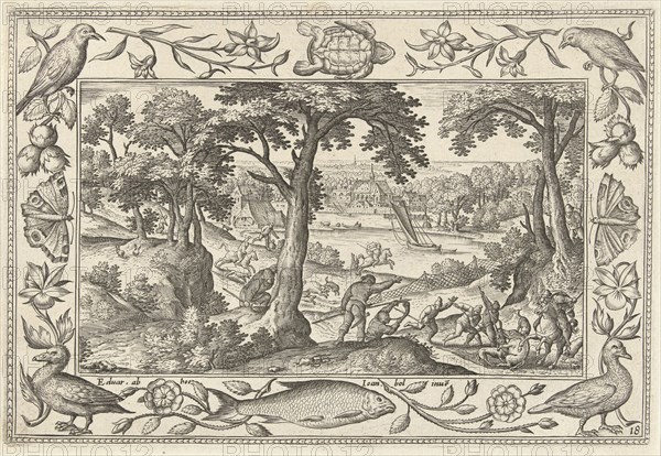 Boar Hunt, print maker: Adriaen Collaert, Hans Bol, Eduwart van Hoeswinckel, 1582 - 1586