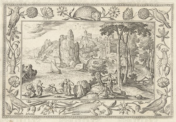 Moses is found by the daughter of the Pharaoh, print maker: Adriaen Collaert, Hans Bol, Eduwart van Hoeswinckel, 1582 - 1586