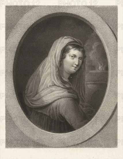 Young woman with a veil, in the background a fire, Lambertus Antonius Claessens, Guido Reni, c. 1829 - c. 1834