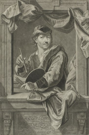 Portrait of J. Kupezky. Bottom left: I. Kupezky pinx. Bottom right; I.I. Haid Sculpsit, print maker: Johann Jakob Haid, Monogrammist JJW, Johann Kupetzki, 1714 - 1767