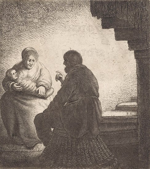 Family sitting at a spiral staircase, Jan Gillisz. van Vliet, 1634 - 1635