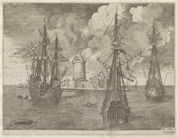 Three warships at anchor near a lighthouse, print maker: Frans Huys, Pieter Brueghel I, unknown, 1561 - 1565