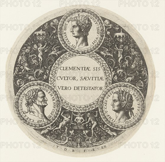 Medallion with Tiberius top center, lower left Vespasian and lower right Titus, print maker: Theodor de Bry, c. 1588