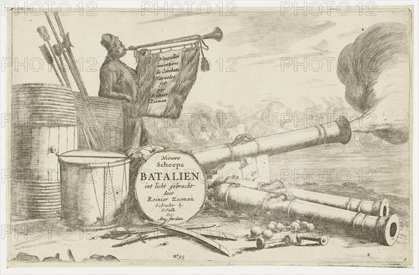 Title page with the equipment of a warship and a trumpet player, Reinier Nooms, 1652-1656