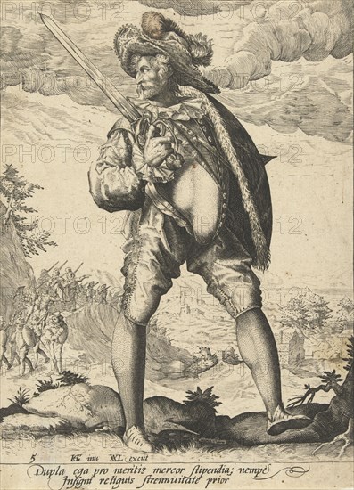 Soldier with sword and shield, print maker: Anonymous, Jacob de Gheyn II, Hendrick Goltzius, 1587 - 1595