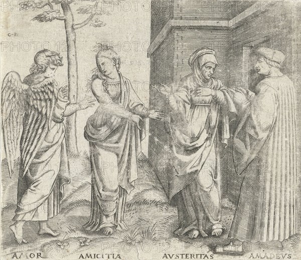Amadeus Berutti with Austerity (Austeritas) and Friendship (Amicitia) and Love (Amor), Cornelis Bos, Marcantonio Raimondi, c. 1537 - c. 1555
