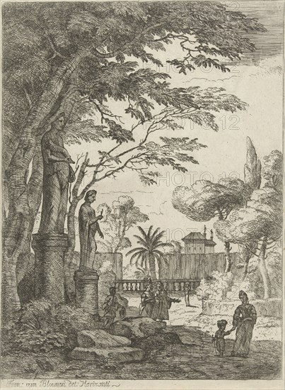 Italianate landscape with two images and hikers in park, Jan Frans van Bloemen, 1689 - 1749