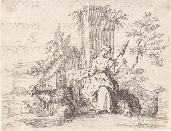 Spinning shepherdess, Paul van Somer (II), 1670 - 1697