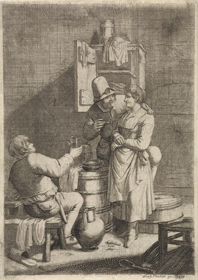 Farmer Couple and a man with a glass, print maker: Justus van den Nijpoort, Franz Prechler, 1635 - 1692
