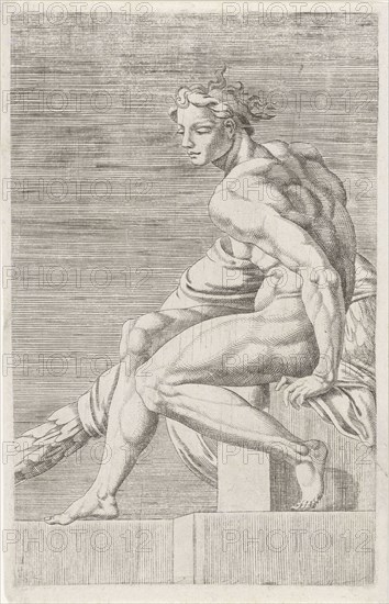 Figure from the Sistine Chapel, Rome Italy, print maker: Dirck Volckertsz Coornhert attributed to, Maarten van Heemskerck attributed to, Michelangelo attributed to, 1551