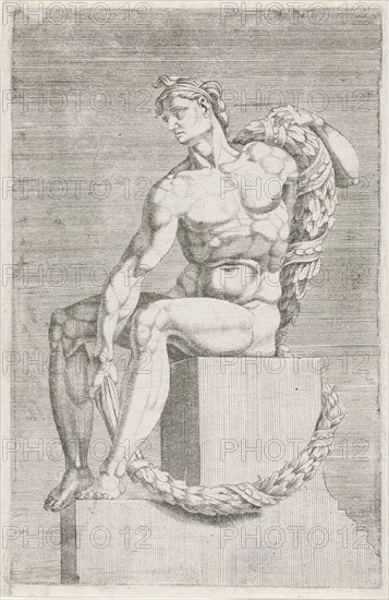 Figure from the Sistine Chapel, Rome Italy, print maker: Dirck Volckertsz Coornhert attributed to, Maarten van Heemskerck attributed to, Michelangelo attributed to, 1551