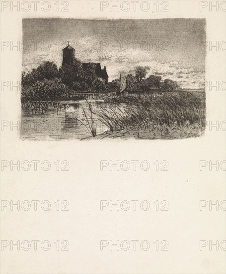 View of the Sint Urbanuskerk in Bovenkerk with on the water a sailing boat, The Netherlands, print maker: Elias Stark, 1887