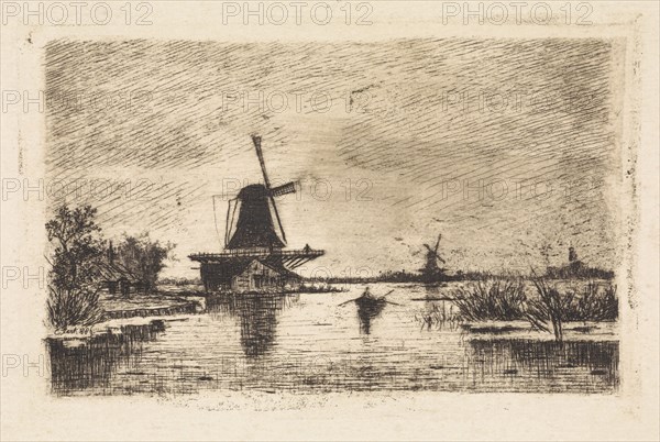 Landscape with two mills and a rowboat, The Netherlands, Elias Stark, 1886