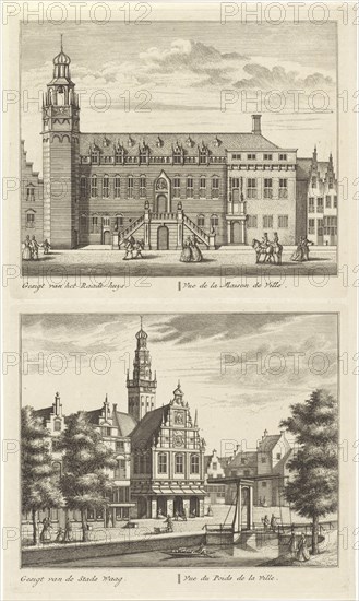Two views in Alkmaar with the City Hall and de waag, The Netherlands, Leonard Schenk, Abraham Rademaker, 1746
