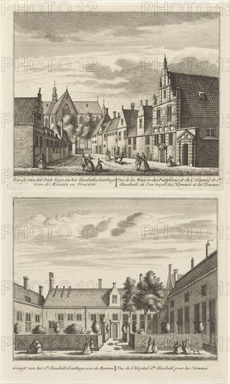 Two views in Alkmaar with the Plague House and St Elisabeth Hospital, The Netherlands, Leonard Schenk, Abraham Rademaker, 1746