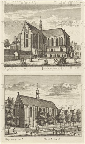 Two views in Alkmaar with the Great Church and the Chapel Church, The Netherlands, Leonard Schenk, Abraham Rademaker, 1746