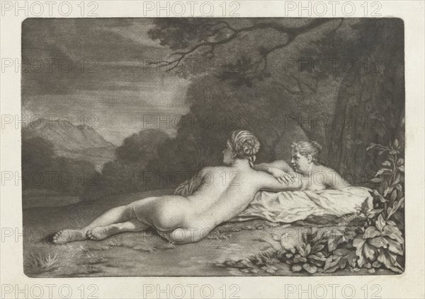 Landscape with two nymphs, Nicolaas Verkolje, 1683 - 1726