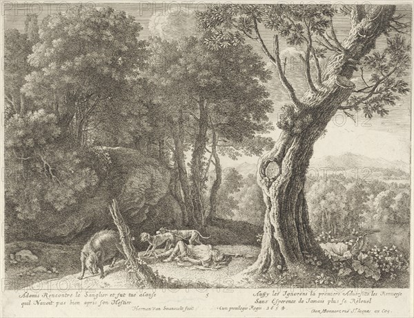 Death of Adonis, Herman van Swanevelt, Henri Bonnart (I), Lodewijk XIV (koning van Frankrijk), 1654