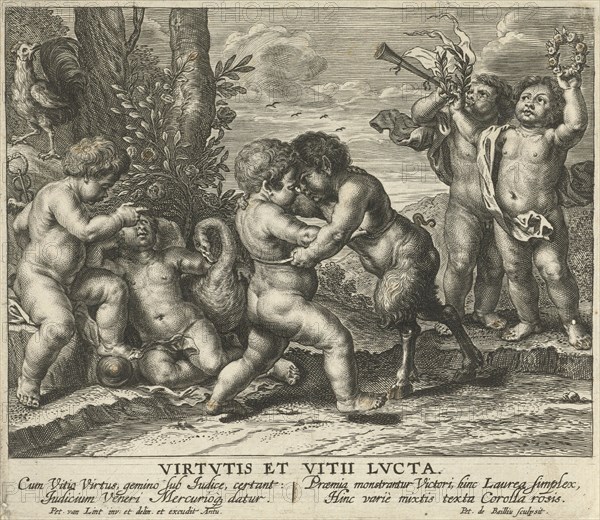 Allegory with combat between putto satyr and child as virtue and vice, Pieter de Bailliu I, Peter van Lint, 1623-1660