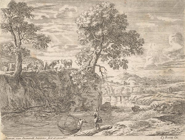 River landscape with cows, Anonymous, Herman van Swanevelt, Herman van Swanevelt, 1650 - 1705
