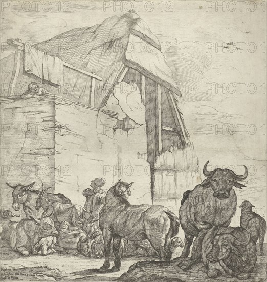 Resting cattle on a farm, Jan van Ossenbeeck, Giovanni Giacomo Rossi, 1647-1655