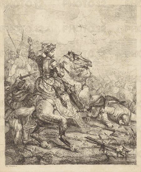 Henry II, Holy Roman Emperor on horseback in battle, Theodoor Schaepkens, 1835