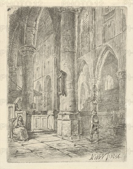 Church Interior with a boy and a seated woman, Adrianus Wilhelmus Nieuwenhuyzen, 1856