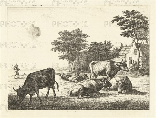 Cows and sheep lying in meadow before a farm, John of Cuylenburgh, 1820