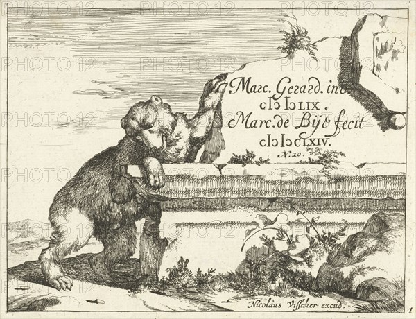 Bear near stone wall, Marcus de Bye, Nicolaes Visscher (I), 1664