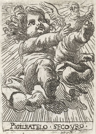 Child with dove on a cloud, print maker: Cornelis Schut I