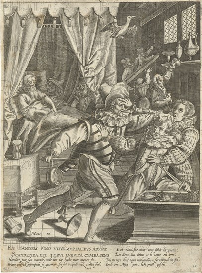 Tenth life phase of hundred years with dying man and fight for his inheritance, Assuerus van Londerseel, Nicolaes de Bruyn, Pieter Goos, 1598-1602