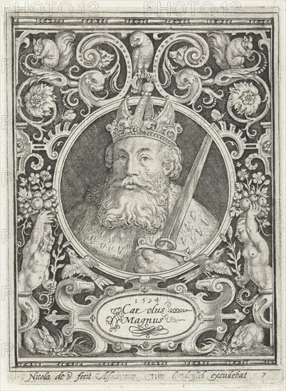 Portrait of Charlemagne in medallion inside rectangular frame with ornaments, Nicolaes de Bruyn, Anonymous, 1594