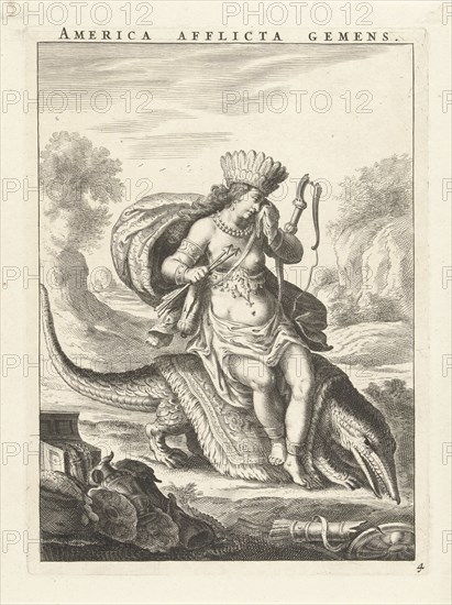 Female personification of America as a woman with headdress of feathers and bows, sitting on a caiman, Cornelis van Dalen II, Claes Jansz. Visscher II, 1648 - 1664